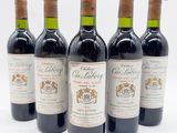 six bouteilles de vin sont alignées sur une surface blanche