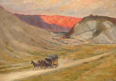 painting of a horse drawn carriage on a dirt road with mountains in the background