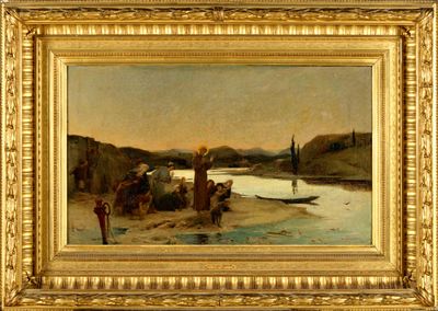 une image représentant un tableau où l'on voit un groupe de personnes au bord d'une rivière