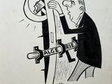 dessin représentant un homme en costume en train d'ouvrir une porte avec un marteau