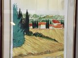 tableau encadré représentant un paysage avec des arbres et une ferme au loin