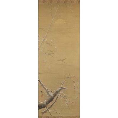 a painting of a tree branch with birds flying in the sky