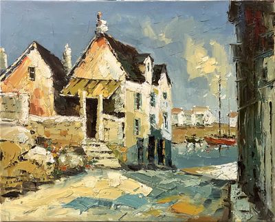 une peinture à l'huile représentant une scène de rue avec des bâtiments et un bateau sur l'eau