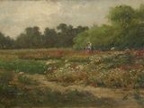 painting of a woman walking through a field of flowers