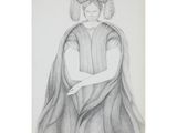 a black and white drawing of a woman in a dress