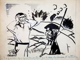 drawing of a man and a woman standing next to each other in a field
