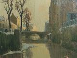 tableau représentant une rivière avec un pont et des bâtiments en arrière-plan