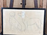 tableau représentant deux chiens posés sur un chevalet devant un mur en bois