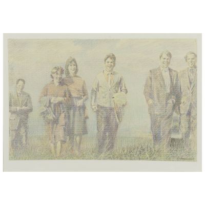 tableau représentant un groupe de personnes debout dans un champ, avec le ciel en arrière-plan