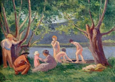 un tableau représentant un groupe de personnes nues assises dans l'herbe