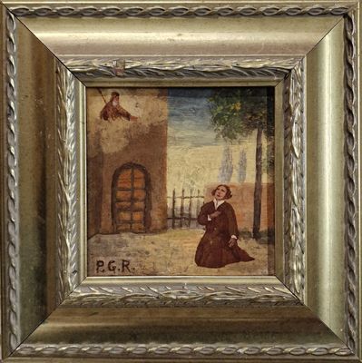 une image représentant un tableau où l'on voit une femme assise devant un bâtiment