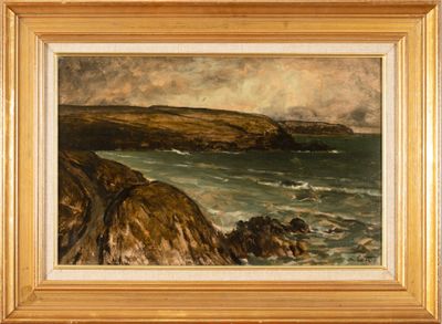 une peinture à l'huile représentant une vue sur l'océan et un littoral rocheux