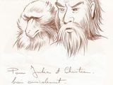 dessin représentant un homme barbu et un singe sur une feuille de papier
