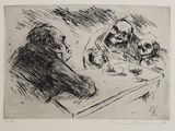 une image représentant un dessin en noir et blanc d'un homme assis à une table avec deux chiens