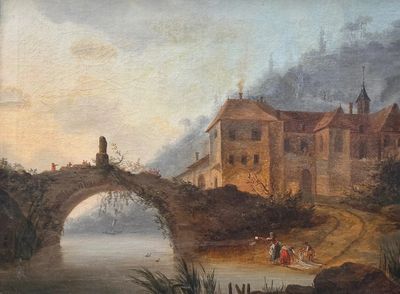 peinture représentant un tableau d'un pont enjambant une rivière, avec un château en arrière-plan