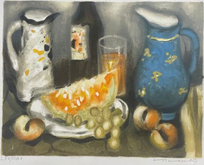 une peinture représentant une nature morte avec des fruits et une bouteille de vin