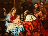 an image of a painting of a manger scene with a baby in a manger