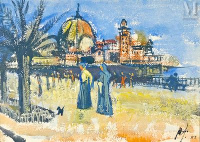 a painting of people walking on the beach near a pier