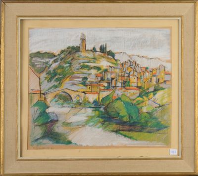 une image d'un tableau représentant un village sur une colline