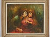 an oil painting of a couple hugging each other in a room