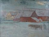painting of a farm scene with cows in a snow covered field