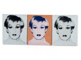 three paintings of a woman ' s face are shown on a white background