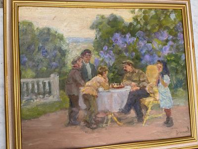 un tableau représentant une famille jouant aux échecs dans un parc