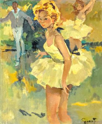 an oil painting of a young girl in a yellow dress and a man in a white suit