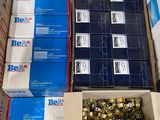 many boxes of blue and white boxes on top of each other