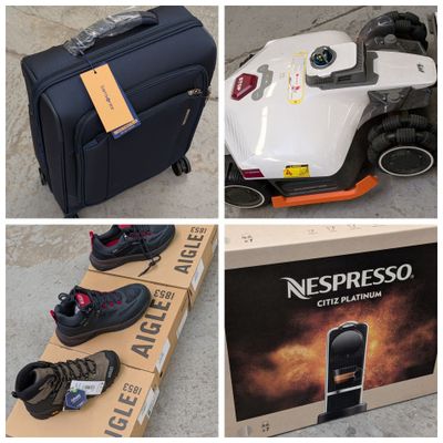 quatre photos d'une valise et d'une paire de chaussures posées par terre