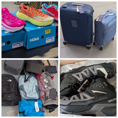 plusieurs photos montrant différents types de bagages, de chaussures et de sacs à dos