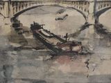 a painting of a boat on the water near a bridge