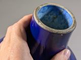 a person holding a blue vase in their hand