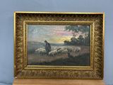 une peinture à l'huile représentant un berger avec son troupeau de moutons dans un paysage