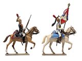 two figurines of men riding horses with flags on them