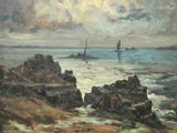 a painting of a sailboat on the water near rocks