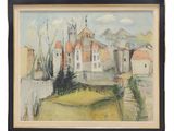 l'image d'un tableau représentant un village avec une église à l'arrière-plan