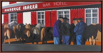 painting of a group of men standing in front of a bar with horses