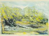 an image of a painting of a river with trees in the background