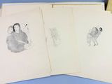 several drawings of a woman sitting on a chair next to a box of books