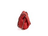 red quilted bag with chain strap on white background