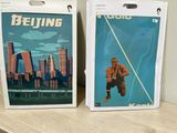 two posters of a man on a rope in front of a cityscape
