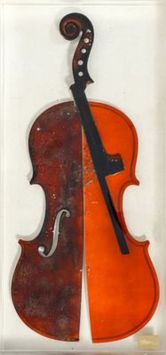 a picture of a violin on display in a glass case
