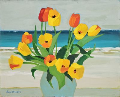 a painting of yellow and red tulips in a vase on the beach