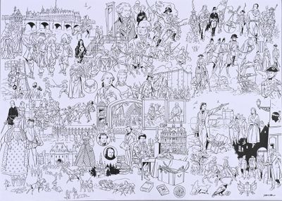 un dessin représentant un grand groupe de personnes dans une rue