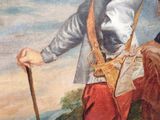 painting of a man in a white shirt and red pants with a cane