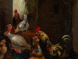 a painting of chickens and chickens in a barn