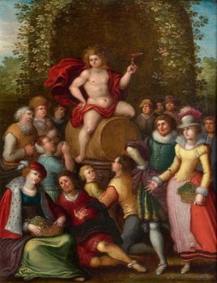 un tableau représentant un groupe de personnes rassemblées autour d'une statue