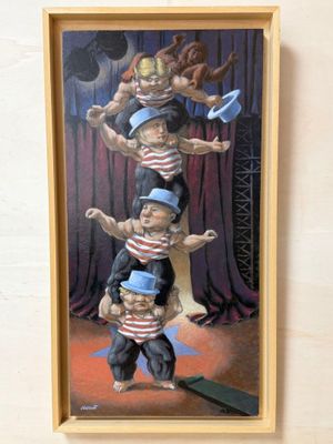 a picture of a painting of a group of people balancing on top of each other