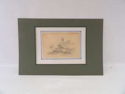 tableau représentant un château sur une colline, dans un cadre vert accroché à un mur blanc